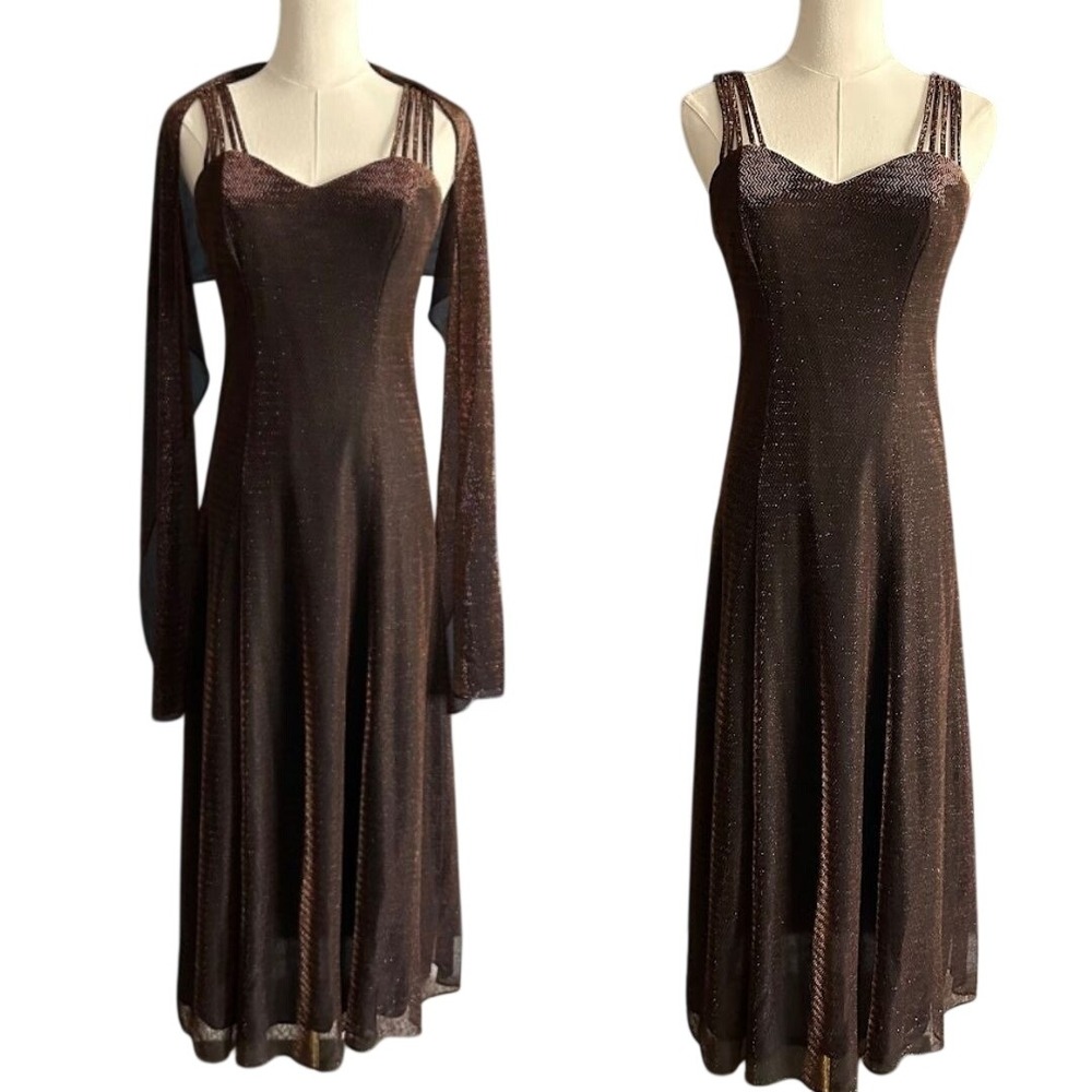 Vintage 90s Teddi Evenings Bronze Metallic Lurex Gown with Matching Shawl Size 6